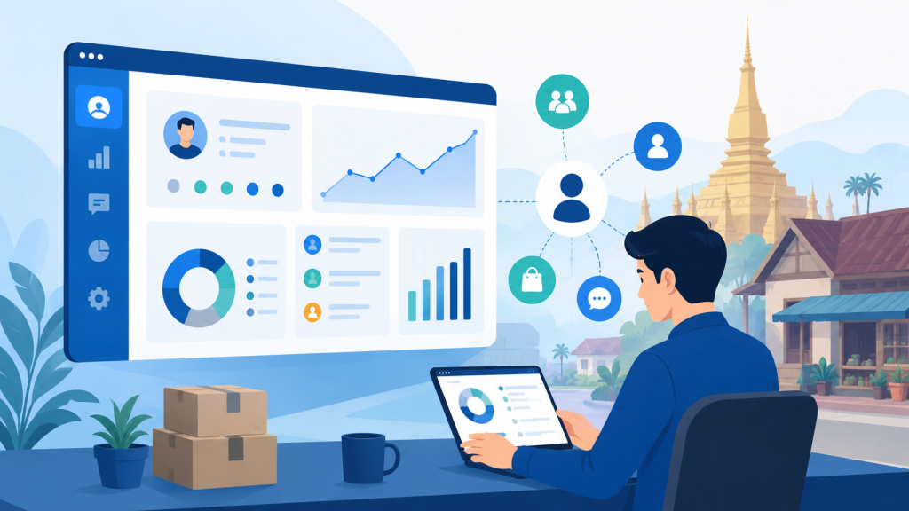 Illustration of a Lao business owner reviewing a CRM dashboard