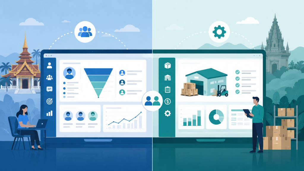 Split-screen illustration comparing a CRM dashboard and an ERP dashboard