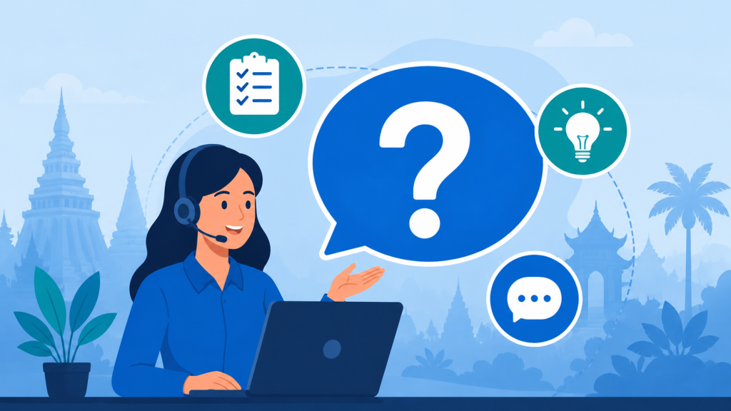 Illustration of a friendly support person answering frequently asked questions