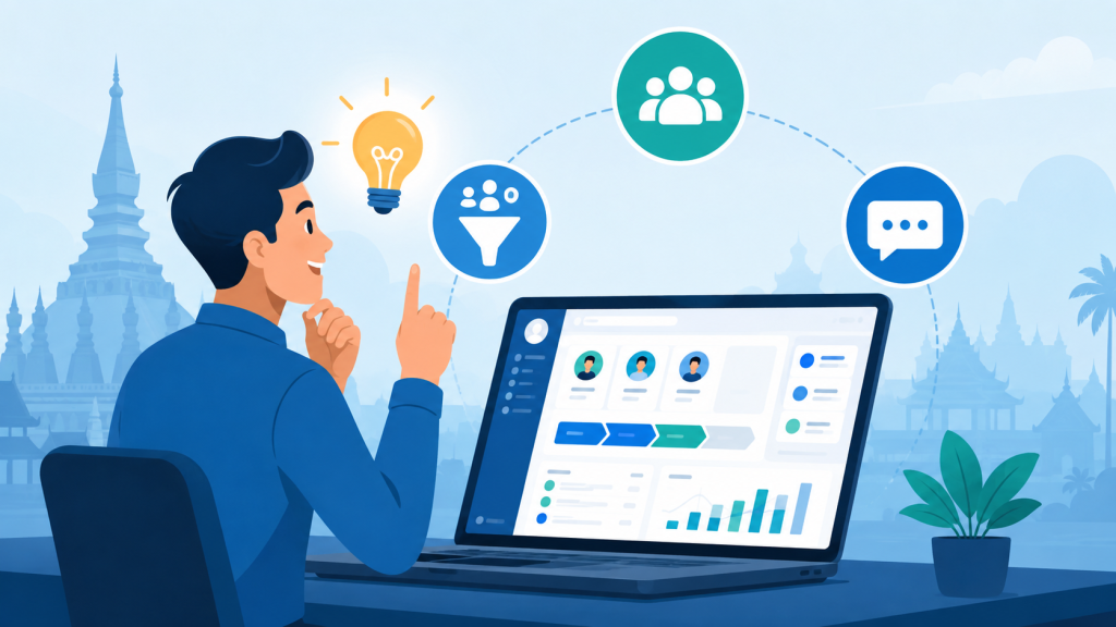 Illustration of a business owner having a realization moment about CRM software